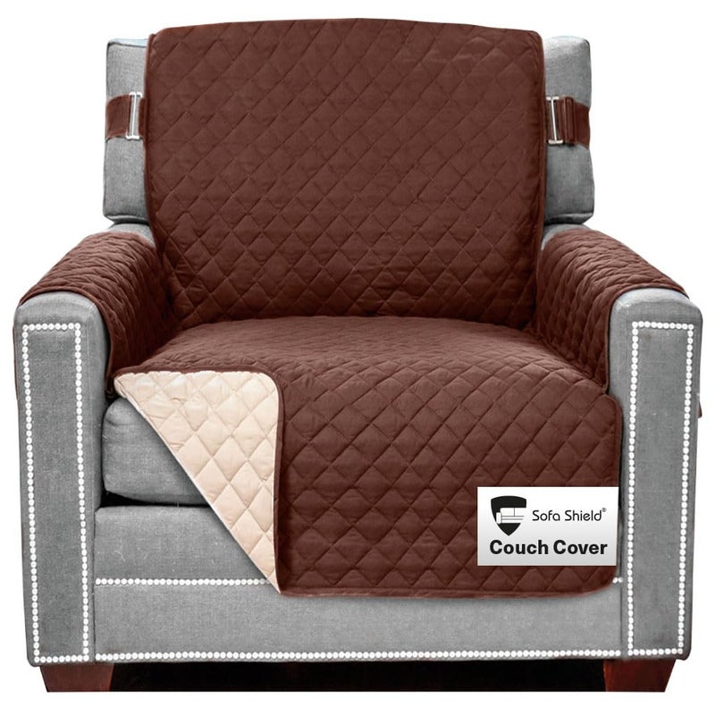 Sofa Shield Armchair Slip Cover with Patented Strap, Cushion Protector, US Designed Reversible Stain and Dog Tear Resistant Slipcover, 23 inch Seat, Washable Covers for Dogs Pets, Chocolate Beige - Image 1